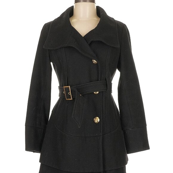 Black Guess Wool Peacoat Coat Tiered Hem Gold Buttons Buckle Trench Medium